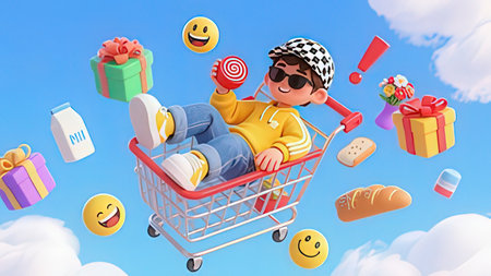 Boy with shopping cart full of food and sweets. Vector illustration.の写真素材