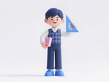 3d illustration of a boy holding a ruler and a notebook.の写真素材