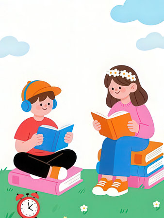 Boy and girl reading books on the grass in the park. Vector illustration.の写真素材