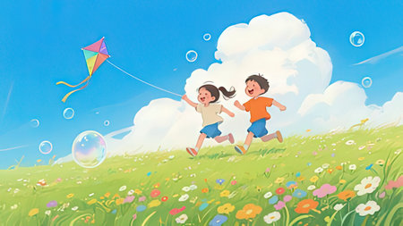 Children playing with a kite in the meadow. Vector illustration.の写真素材