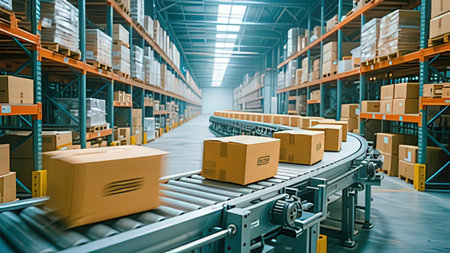 Warehouse or storehouse with rows of boxes on conveyor belt. Industrial background