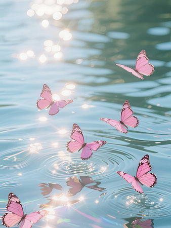 Butterflies flying over the water with bokeh effect.