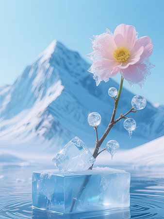 Ice cube with flower and snow mountain background, 3d render illustration