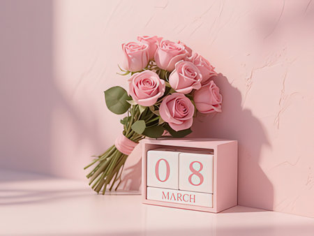 Pink roses bouquet with wooden calendar. 8 march concept. 3D Renderingの写真素材