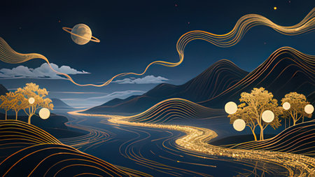 Night landscape with river, trees, moon and mountains. Vector illustration.の写真素材