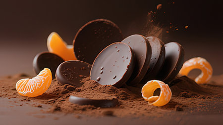 Chocolate candies and tangerines on dark background, closeup