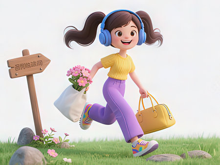 girl with a bag of flowers runs along the road to the signの写真素材
