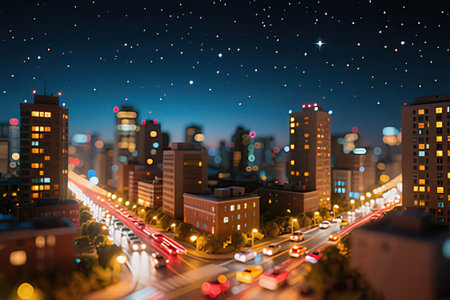 Cityscape at night with lights and traffic. 3d rendering.