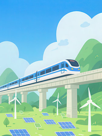 High-speed train and solar panels on the bridge. Vector illustration.