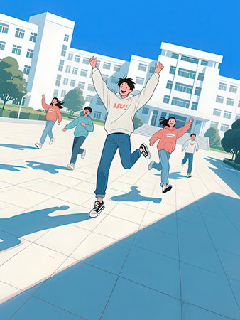 A group of teenagers jumping and dancing in the city. Vector illustration.の写真素材