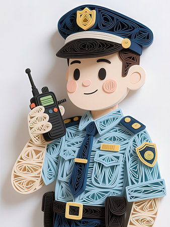 3d illustration of a boy wearing police uniform with walkie talkieの写真素材