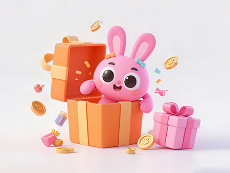 Easter bunny in a gift box. 3d illustration, vector.
