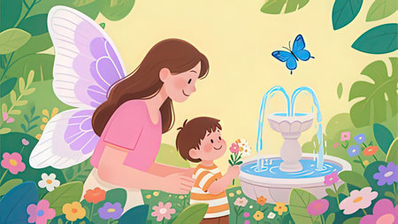 Mother and son playing in the garden with a fountain. Vector illustration.の写真素材