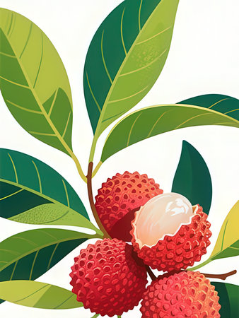 Lychee fruit with leaves on white background. Vector illustration.の写真素材
