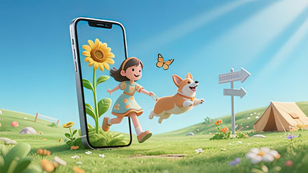 Girl and dog on the phone in the meadow. 3D rendering