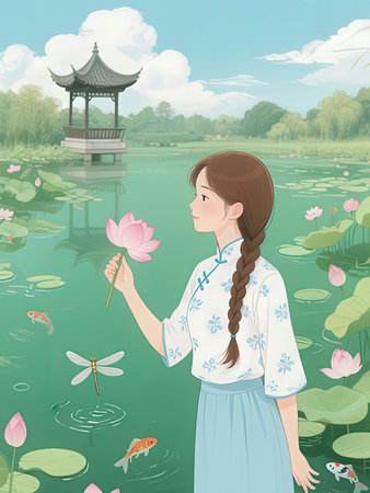 Illustration of a girl with a lotus flower in the pondの写真素材