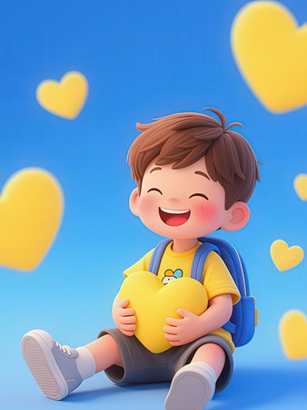 3D render of a cute little boy with a big yellow teddy bearの写真素材