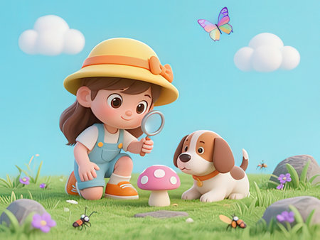 girl and dog on the meadow - 3d illustration for childrenの写真素材