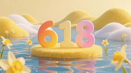 Number 618 on a yellow sponge floating in the water. 3d renderの写真素材
