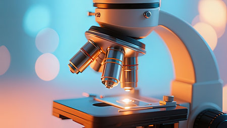 Microscope on a blue background. 3d rendering toned imageの写真素材