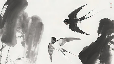 Watercolor painting of swallows in flight on a white background.の写真素材