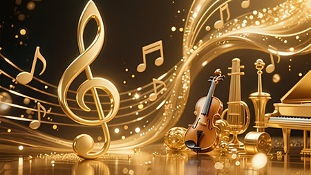 3d illustration of music background with violin, piano and notes in yellow colorの写真素材
