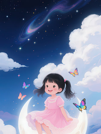 Cute little girl sitting on the moon in the night sky.の写真素材