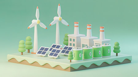 Eco energy concept. Solar panels, wind turbines and windmills. 3D rendering