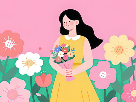 Beautiful girl with a bouquet of flowers. Vector illustration.の写真素材