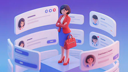 Businesswoman standing on a podium in front of a group of people, social network concept, 3d...