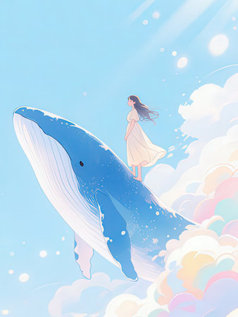 Illustration of a beautiful woman and a whale on the sky backgroundの写真素材