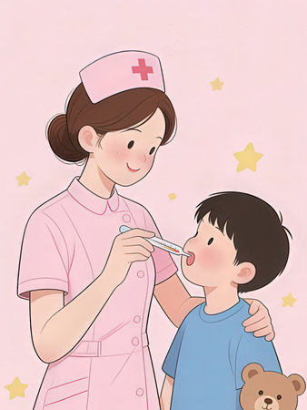 Illustration of a nurse taking care of a little boy in a hospitalの写真素材