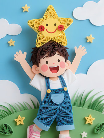 3d illustration of happy boy in paper cut style with star backgroundの写真素材