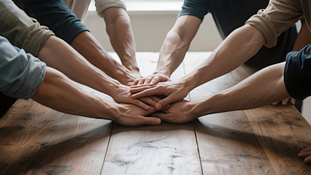 Teamwork concept. Close-up of a group of young people joining their hands together.の写真素材