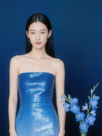 beautiful asian woman in blue dress with flowers on blue backgroundの写真素材