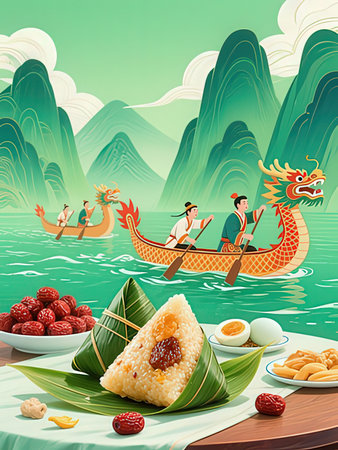 Dragon Boat Festival rice dumplings on the background of mountain landscapeの写真素材