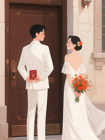 Bride and groom at the entrance to the church. Vector illustration.の写真素材