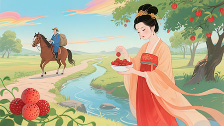 Asian woman in traditional dress with a basket of strawberries and a horseの写真素材