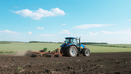 Farmer with tractor preparing land with seedbed cultivator at spring