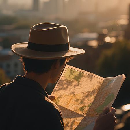 Young man with a map in the city at sunset. Travel conceptの写真素材
