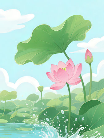 Lotus flower in the pond with clouds and sky. Vector illustration.の写真素材