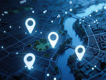 Glowing map with pins on it. 3d rendering toned image double exposure