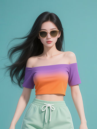 Portrait of a beautiful asian woman with long black hair and sunglassesの写真素材