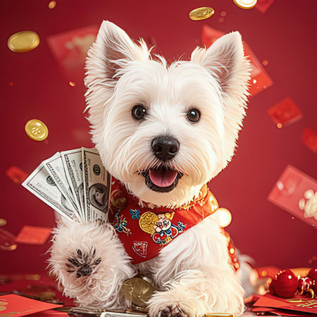 Cute West Highland White Terrier dog with money on red backgroundの写真素材