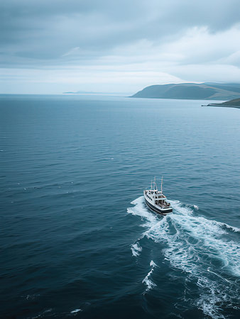 Aerial view of a boat in the sea with mountains in the backgroundの写真素材