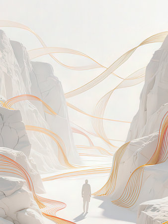 Silhouette of a man walking in the mountains. 3d renderingの写真素材