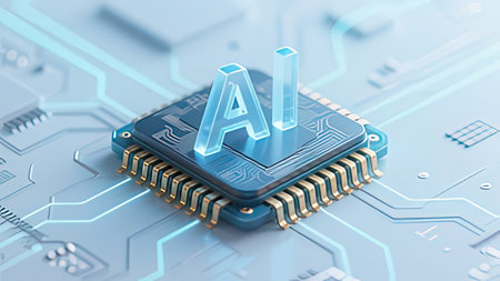 Artificial intelligence (AI) concept. Computer chip with letter A on circuit board background. 3d...