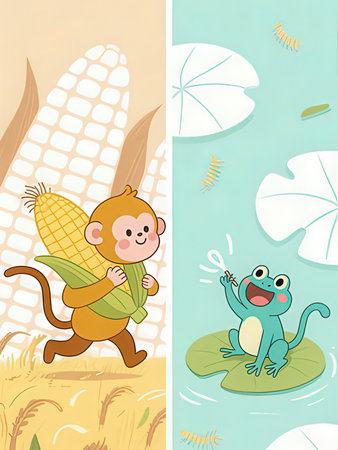 Cute cartoon monkey and corn. Vector illustration in retro style.の写真素材
