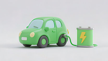 Green electric car with battery on white background. 3D rendering.の写真素材