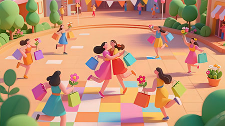People shopping in the mall vector illustration. Cartoon happy girls with shopping bags walking in the city.の写真素材